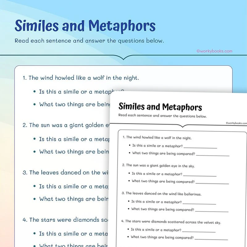 Grade 4 Similes and Metaphors — ela worksheet for Grade 4, Grade 5, page 1 of 3