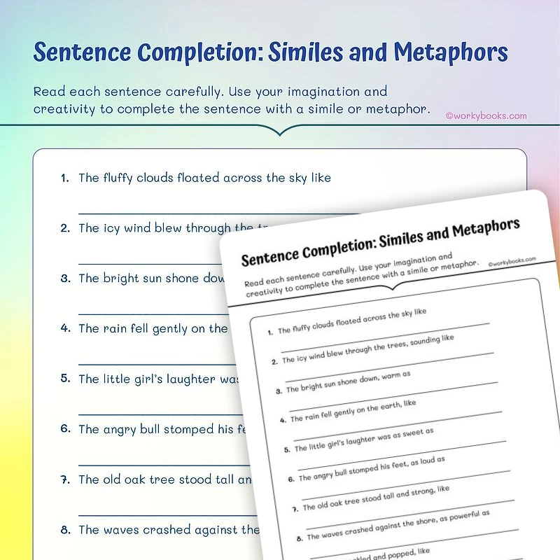 Sentence Completion: Similes and Metaphors — ela worksheet for Grade 4, Grade 5, page 1 of 3