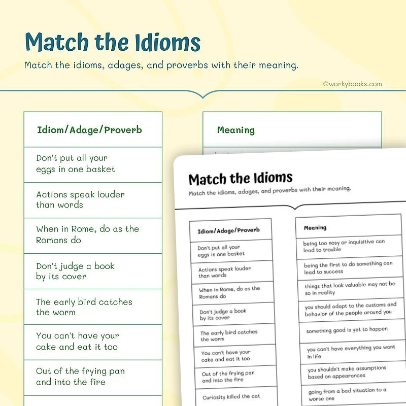 Match the Idioms — ela worksheet for Grade 4, page 1 of 3