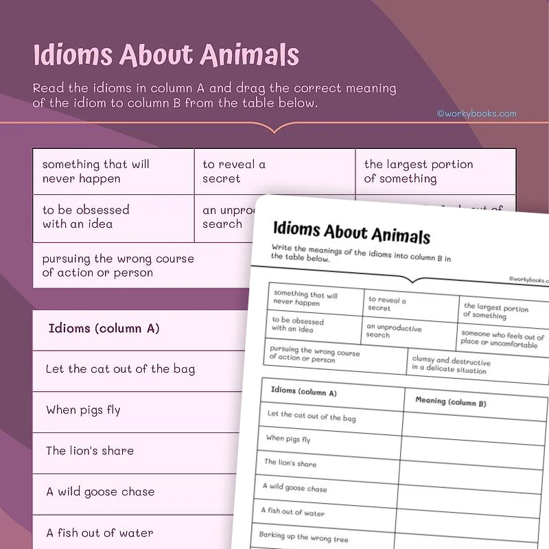 Animals Idioms — ela worksheet for Grade 4, page 1 of 3
