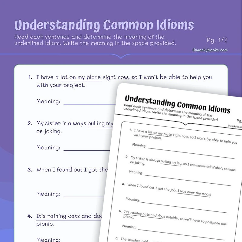 Understanding Common Idioms — ela worksheet for Grade 4, Grade 5, page 1 of 3