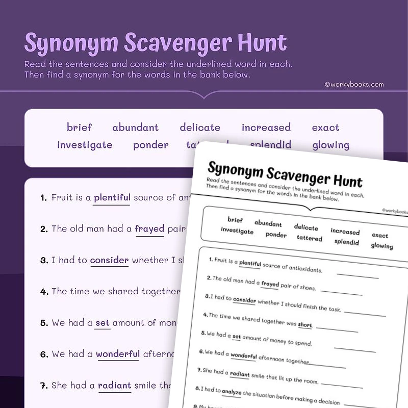 Synonym Scavenger Hunt — ela worksheet for Grade 4, page 1 of 3