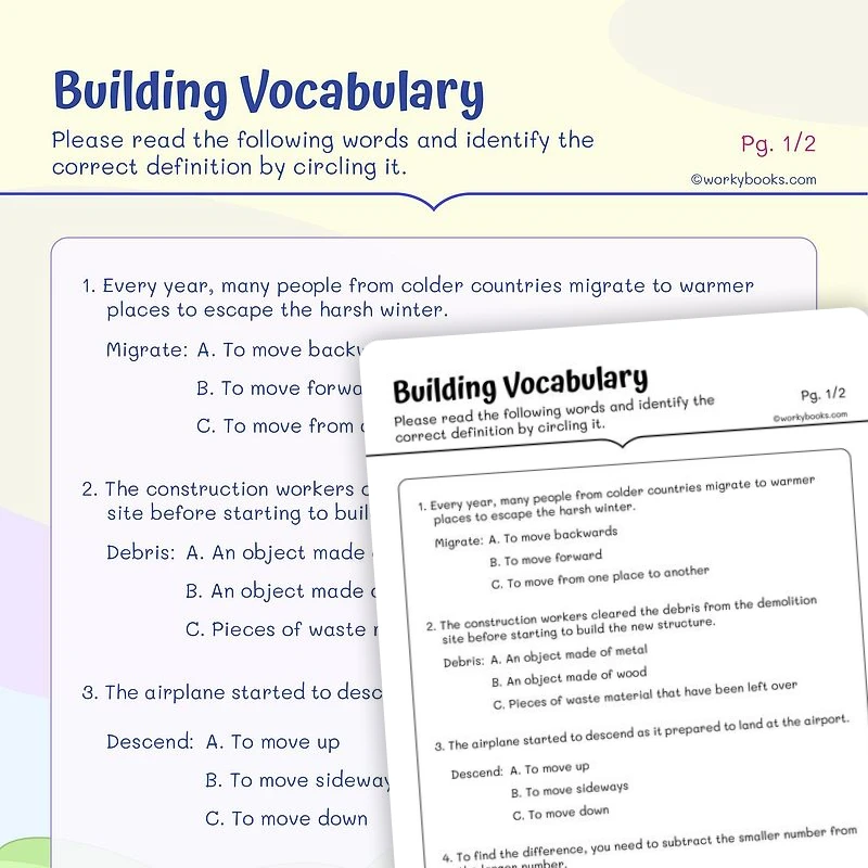 Building Vocabulary — ela worksheet for Grade 4, Grade 5, page 1 of 3