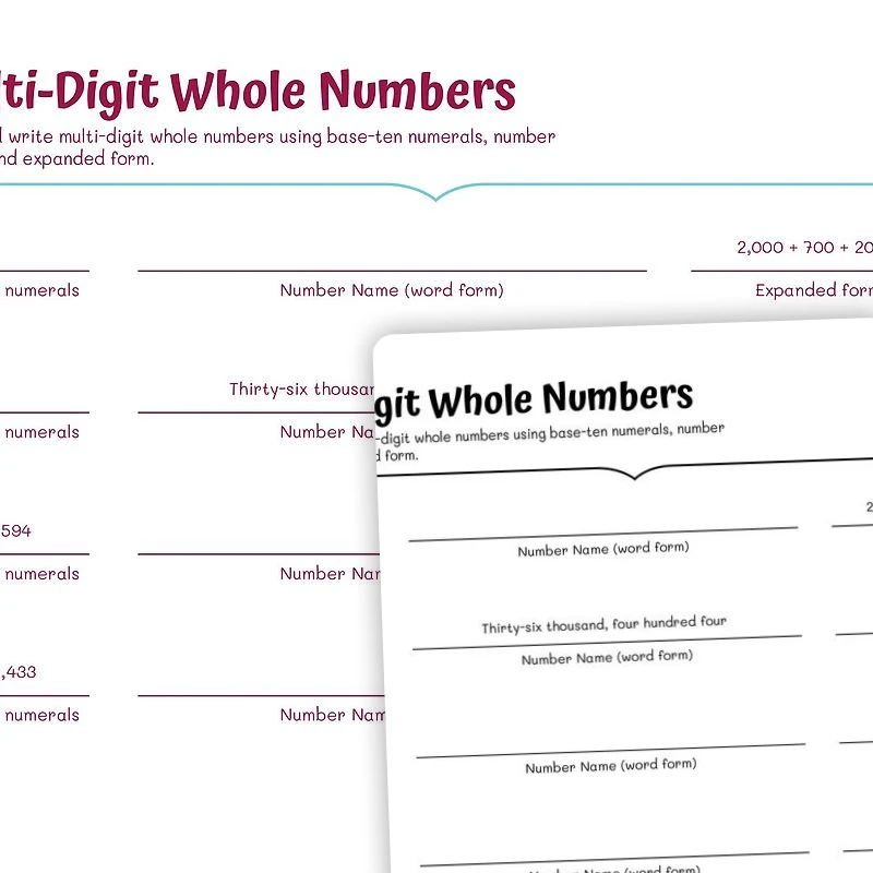 Expanded Form Multi—Digit Whole Numbers — math worksheet for Grade 4, Grade 5, page 1 of 3