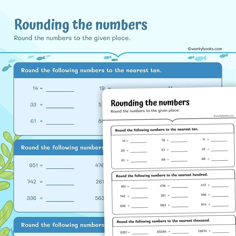 Place Value —Rounding the numbers — math worksheet for Grade 4, Grade 5, page 1 of 3