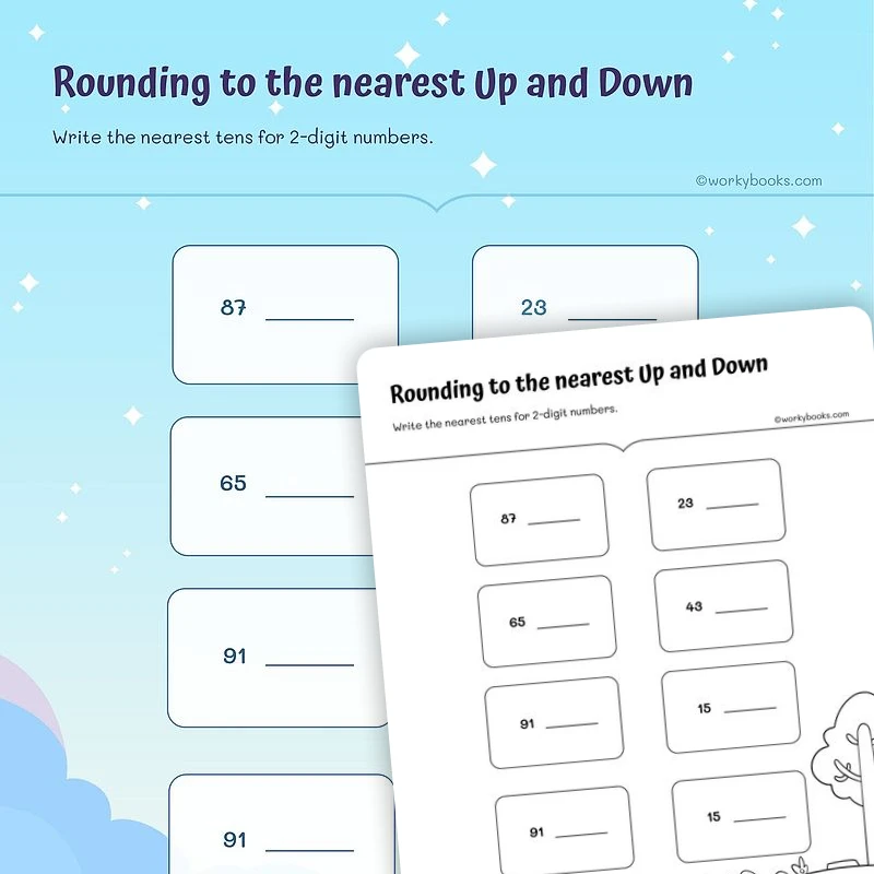 Rounding to the nearest Up and Down — math worksheet for Grade 4, Grade 5, page 1 of 3