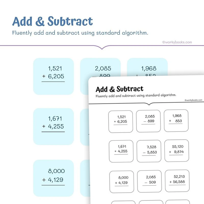 4 Digit Add and Subtract — math worksheet for Grade 4, Grade 5, page 1 of 3