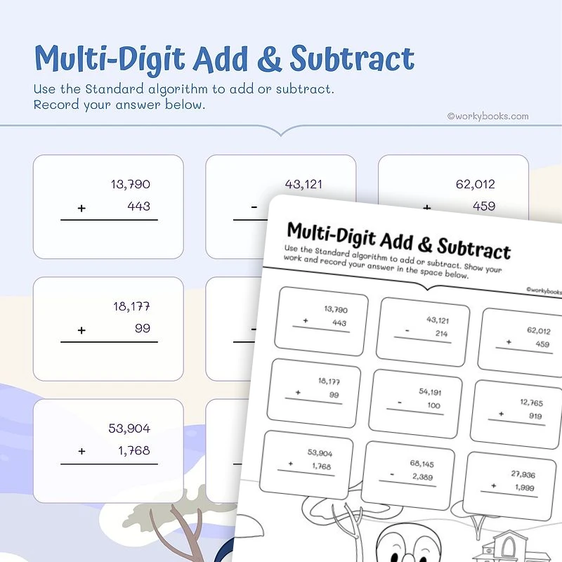 5 Digit Add and Subtract — math worksheet for Grade 4, Grade 5, page 1 of 3