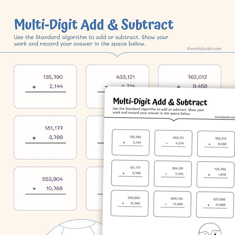 Add and Subtract Multi Digit Numbers — math worksheet for Grade 4, Grade 5, page 1 of 3