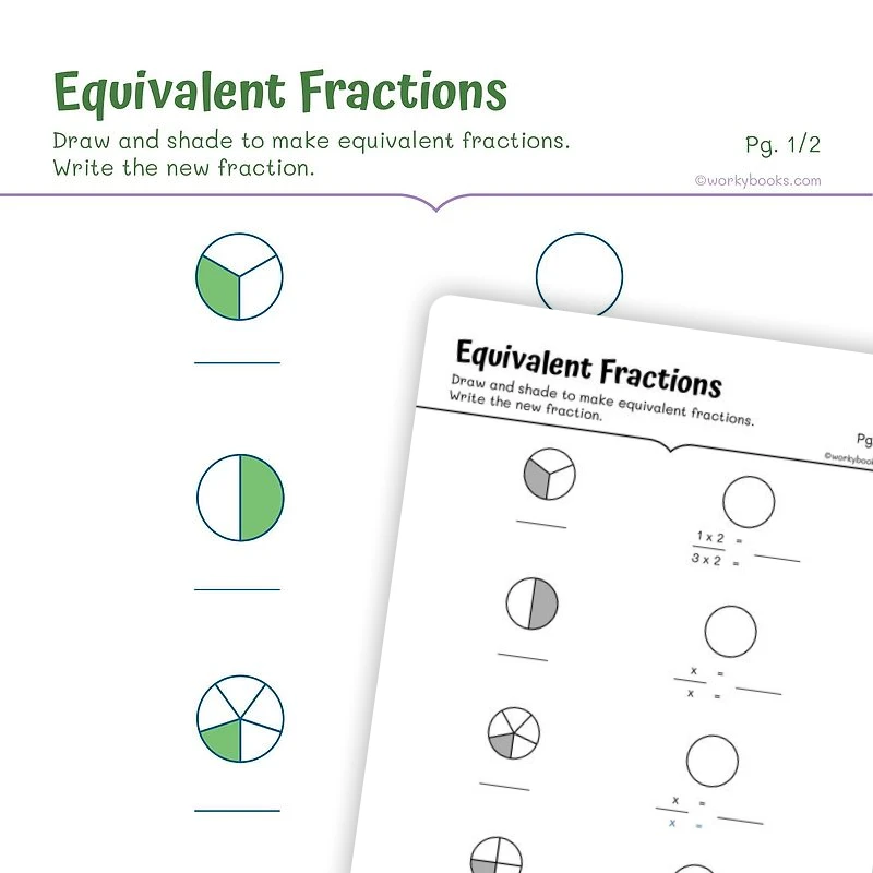 Visual Model Equivalent Fractions — math worksheet for Grade 4, Grade 5, page 1 of 3