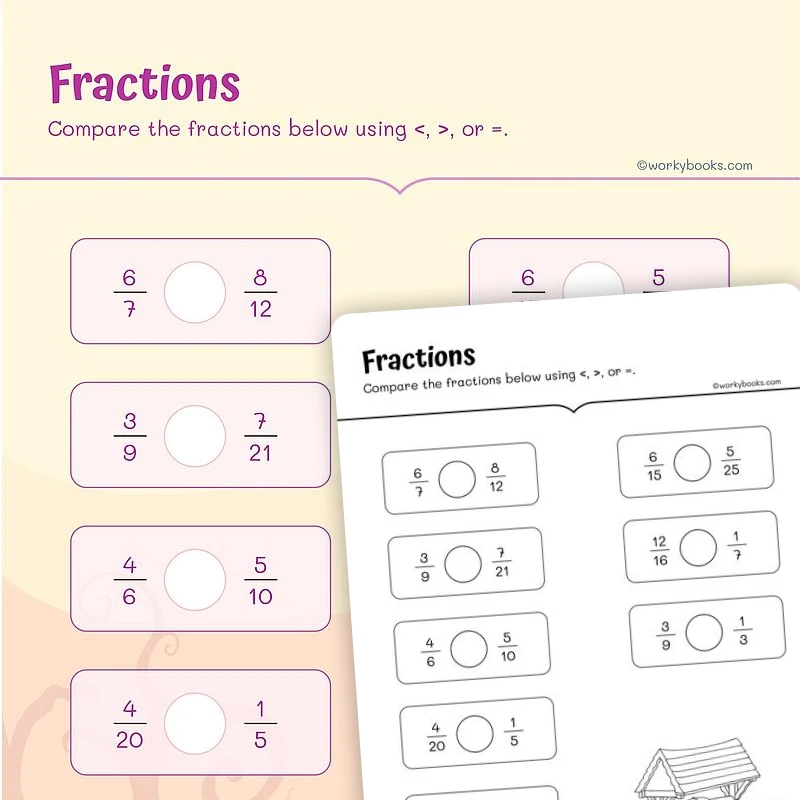 Greater Than or Less Than? Comparing Fractions — math worksheet for Grade 4, Grade 5, page 1 of 3
