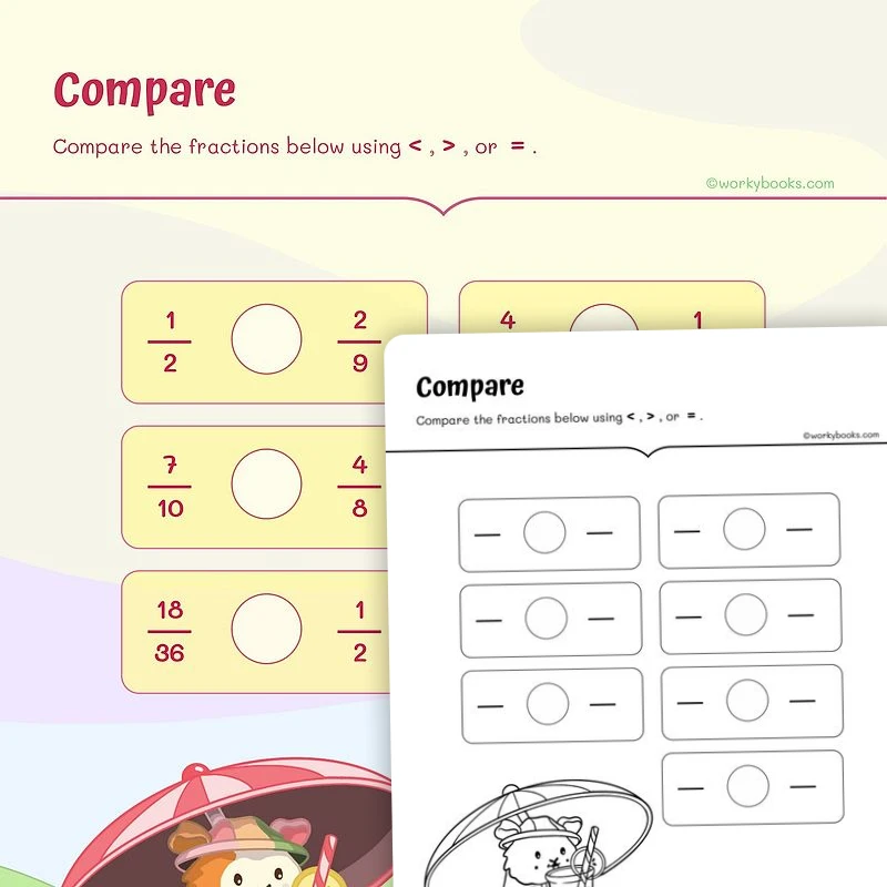 Fractions Greater Than Less Than — math worksheet for Grade 4, Grade 5, page 1 of 3