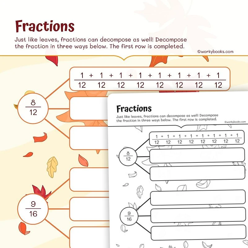 Decompose the Fractions — math worksheet for Grade 4, Grade 5, page 1 of 3