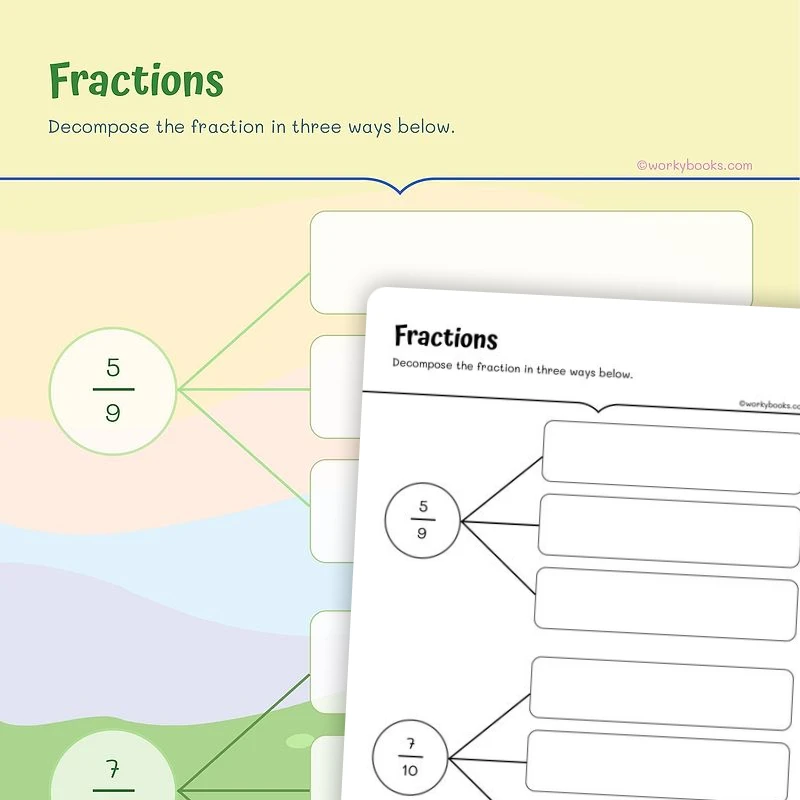 Decomposing Fractions in Multiple Ways — math worksheet for Grade 4, Grade 5, page 1 of 3