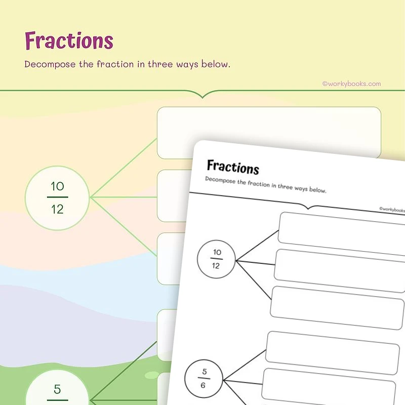 Decompose Fractions into a Sum of Fractions — math worksheet for Grade 4, Grade 5, page 1 of 3