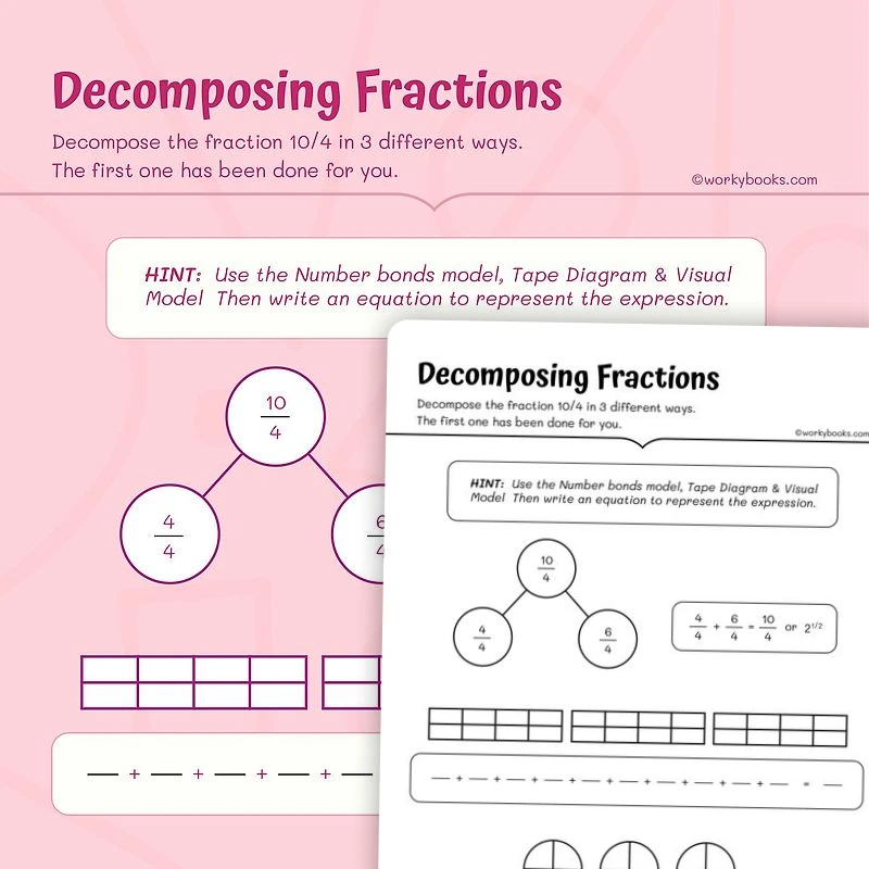 Decomposing Fractions — math worksheet for Grade 4, Grade 6, page 1 of 3