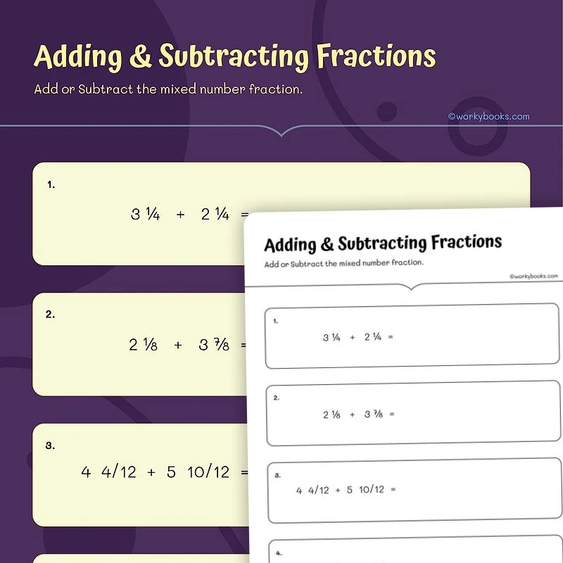 Adding and Subtracting Fractions — math worksheet for Grade 4, Grade 5, page 1 of 3