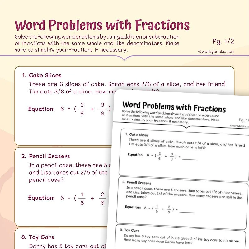 Fractions: Word Problems — math worksheet for Grade 4, Grade 5, page 1 of 3