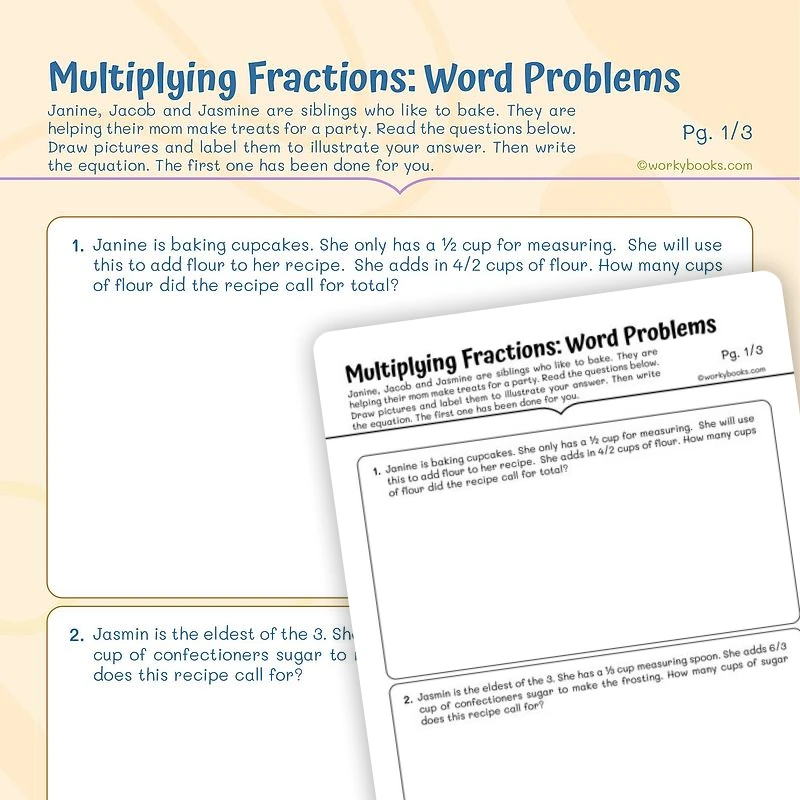 Fraction Multiplication: Word Problems — math worksheet for Grade 4, Grade 6, page 1 of 3