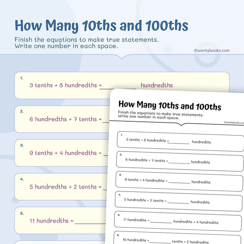 How Many 10ths and 100ths Equivalent Fractions — math worksheet for Grade 4, Grade 5, page 1 of 3