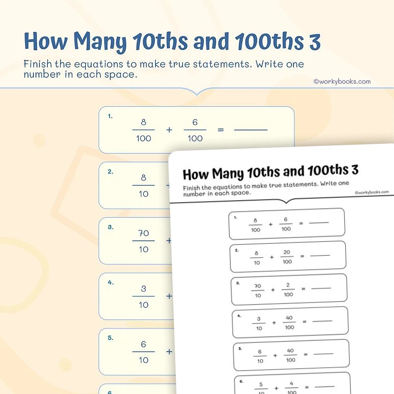 4th Grade Tenths and Hundredths Equivalent Fractions — math worksheet for Grade 4, Grade 5, page 1 of 3