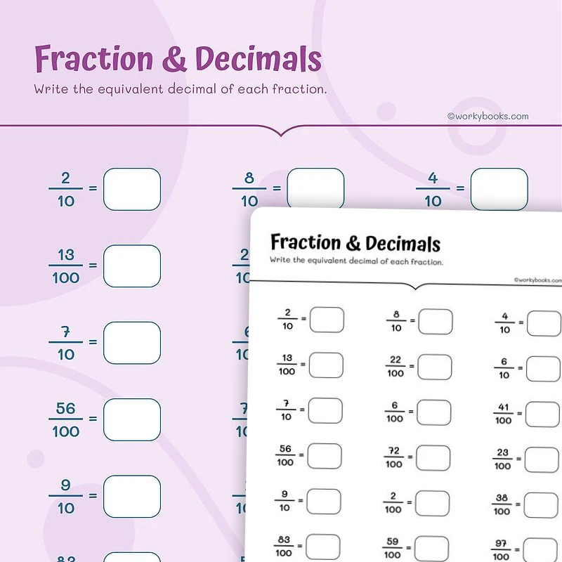 Fraction and Decimals — math worksheet for Grade 4, Grade 5, page 1 of 3