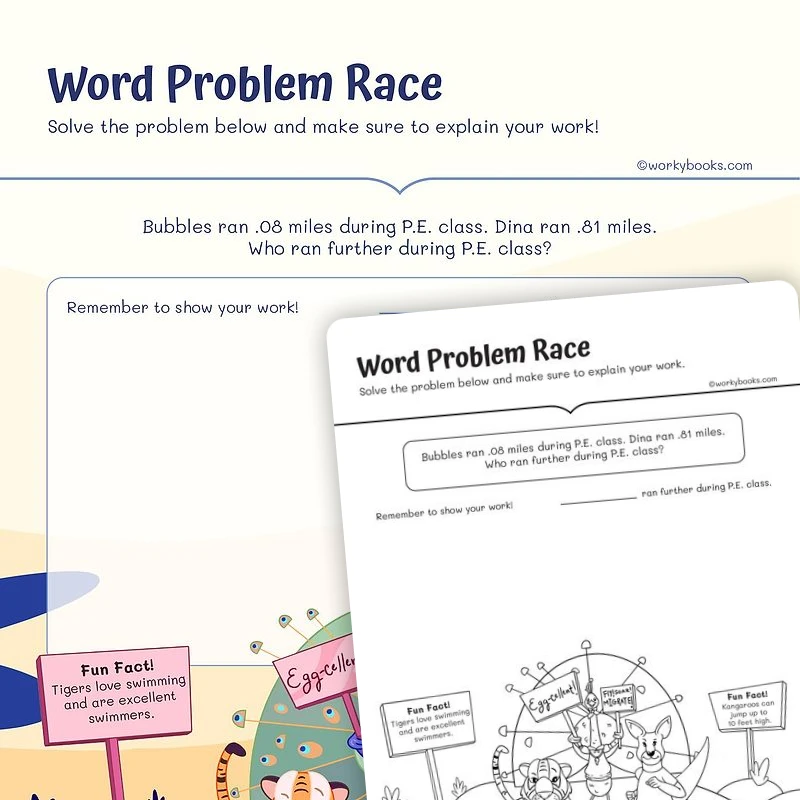 Word Problem Race — math worksheet for Grade 4, Grade 5, page 1 of 3