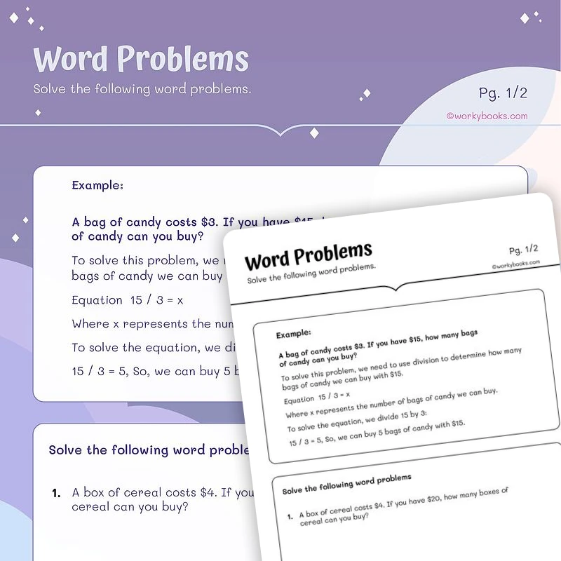 Division Word Problems — math worksheet for Grade 4, Grade 5, page 1 of 3