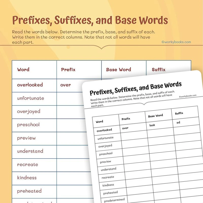 Prefixes, Suffixes, and Base Words — ela worksheet for Grade 4, page 1 of 3