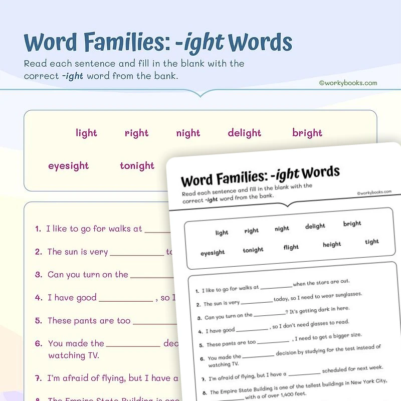 Word Families: —ight Words — ela worksheet for Grade 4, page 1 of 3