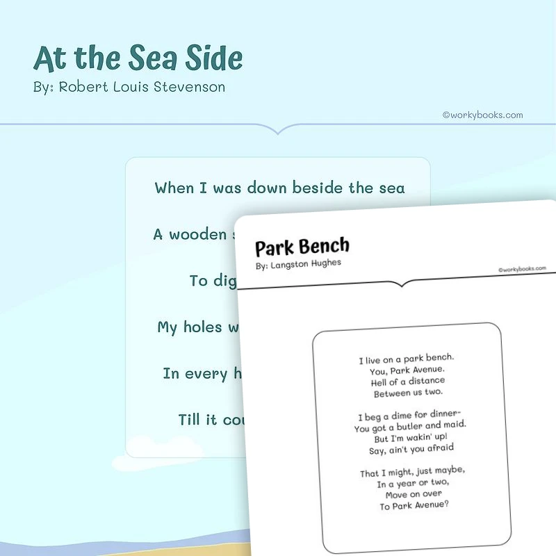 At the Sea Side: By: Robert Louis Stevenson — ela worksheet for Grade 4, Grade 5, page 1 of 3