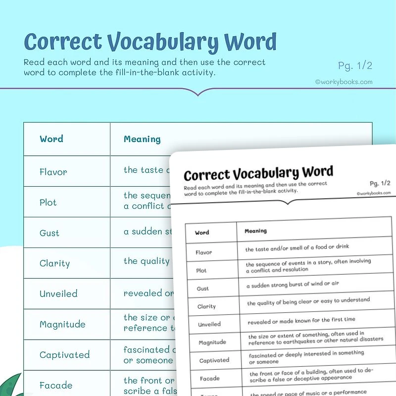 Correct Vocabulary Word — ela worksheet for Grade 4, Grade 5, page 1 of 3