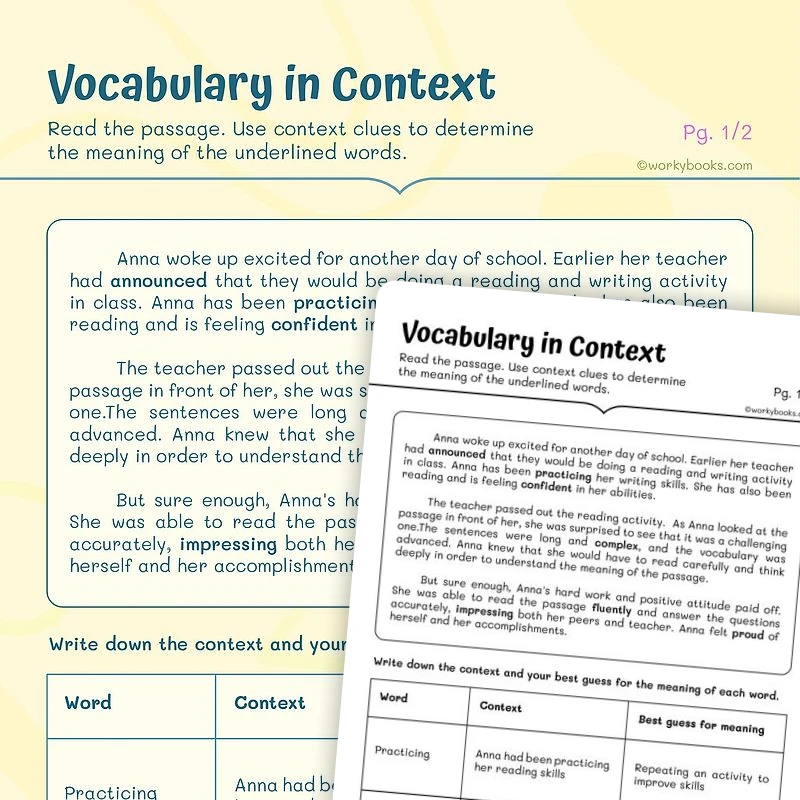 Vocabulary in Context — ela worksheet for Grade 4, Grade 5, page 1 of 3