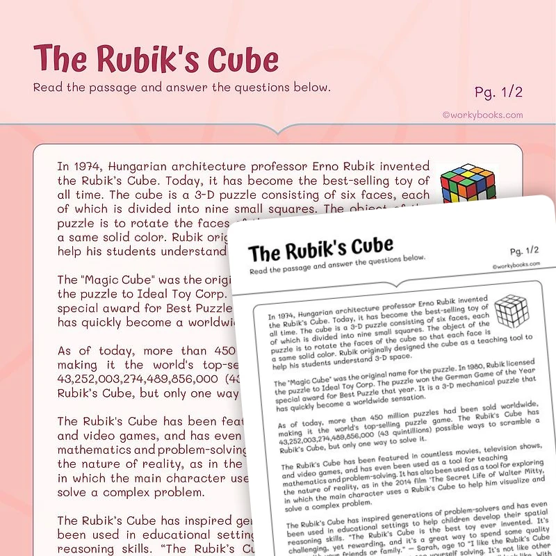 The Rubik's Cube — ela worksheet for Grade 4, Grade 5, page 1 of 3