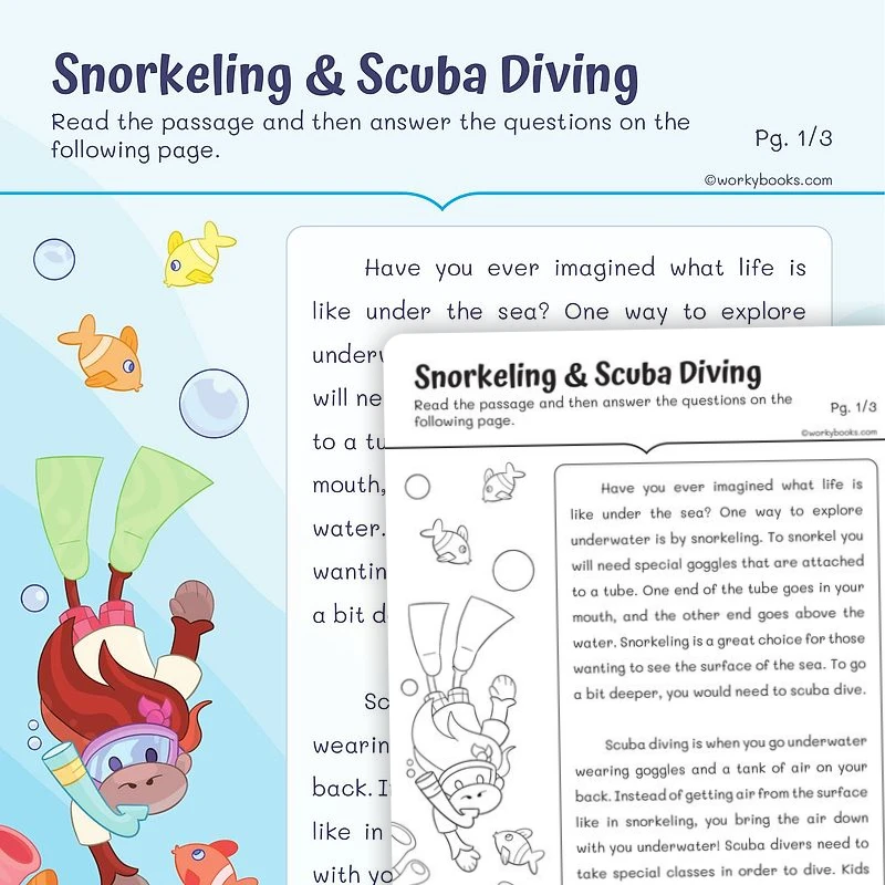 Snorkeling & Scuba Diving — ela worksheet for Grade 4, page 1 of 3