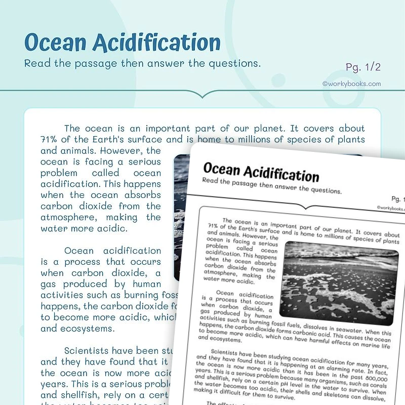 Ocean Acidification — ela worksheet for Grade 4, Grade 5, page 1 of 3