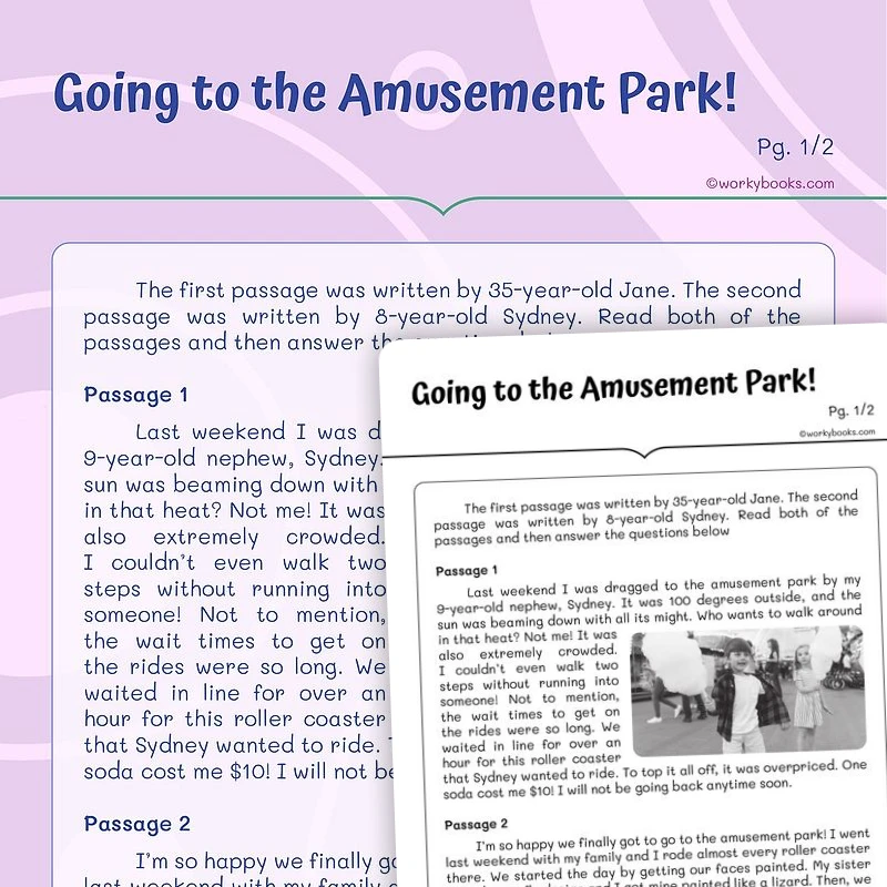 At The Amusement Park! — ela worksheet for Grade 4, Grade 5, page 1 of 3