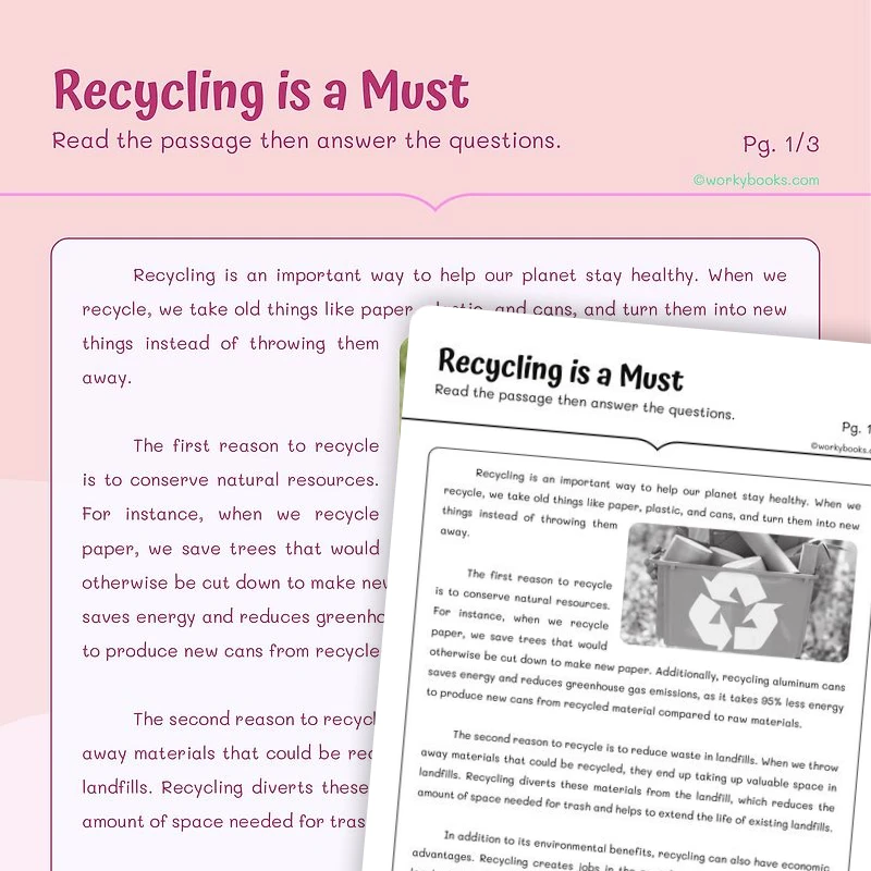Recycling is a Must — ela worksheet for Grade 4, Grade 5, page 1 of 3
