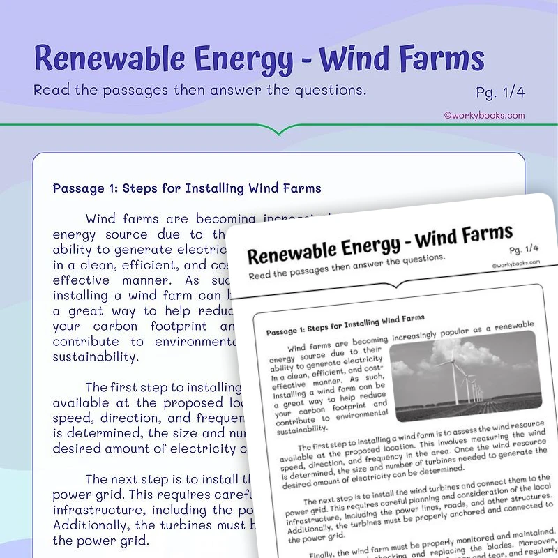 Renewable Energy — Wind Farms — ela worksheet for Grade 4, Grade 5, page 1 of 3