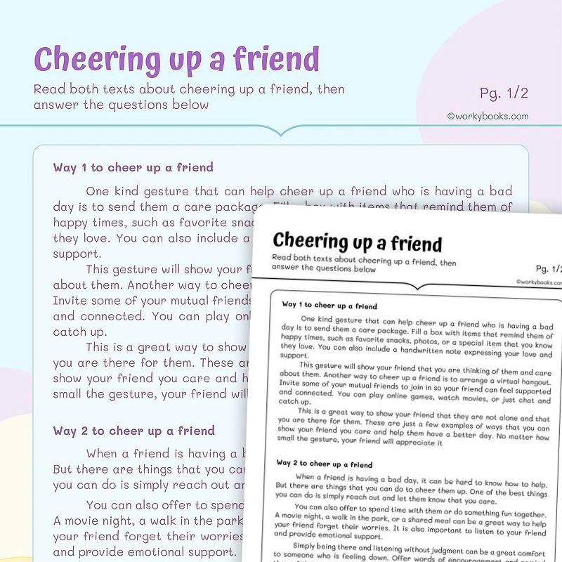 Cheering up a friend—Mental Health — ela worksheet for Grade 4, Grade 5, page 1 of 3