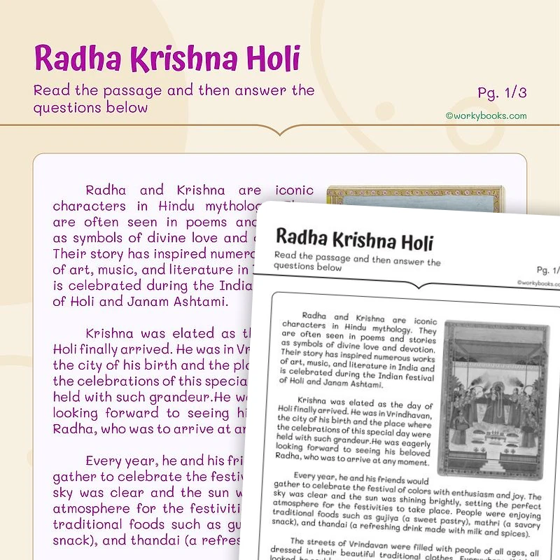 Radha Krishna Holi — ela worksheet for Grade 4, Grade 5, page 1 of 3