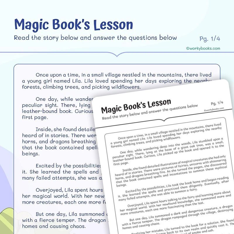Magic Book’s Lesson —Short Story — ela worksheet for Grade 4, Grade 5, page 1 of 3