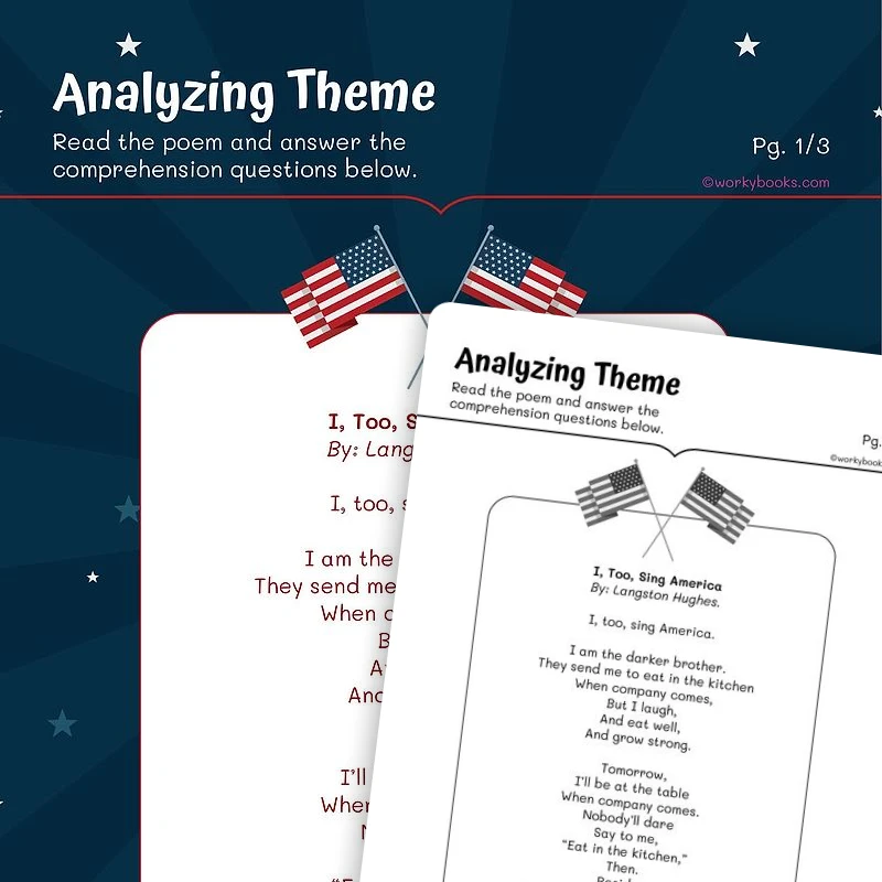 Analyzing Theme -Langston Hughes — ela worksheet for Grade 4, Grade 5, page 1 of 3