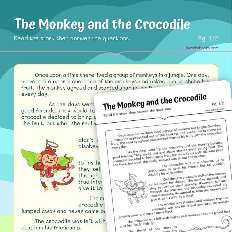 Short Story — The Monkey and the Crocodile — ela worksheet for Grade 4, Grade 5, page 1 of 3