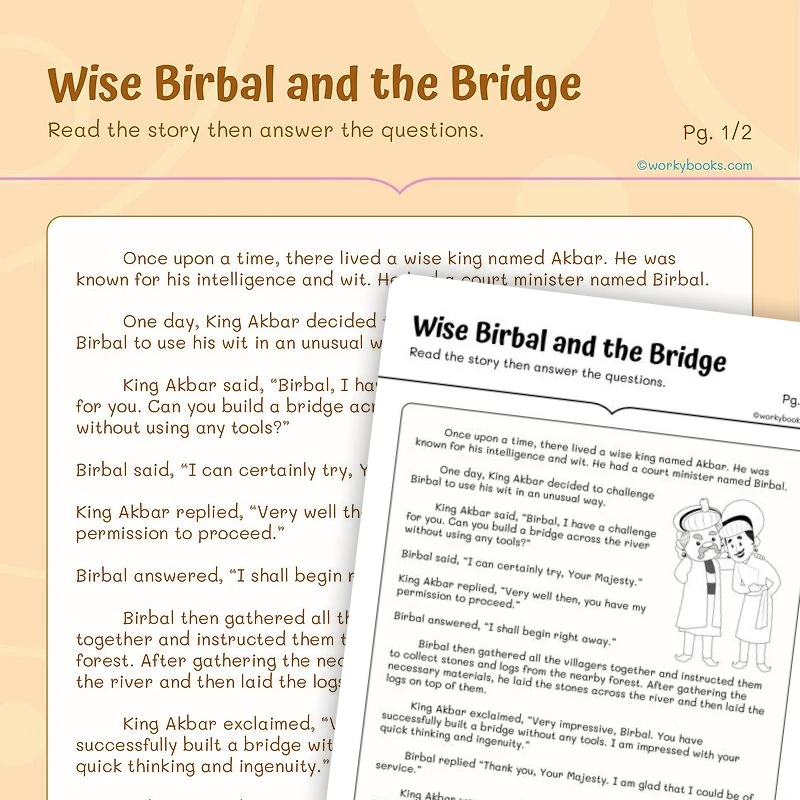 Short Story — Wise Birbal and the Bridge — ela worksheet for Grade 4, Grade 5, page 1 of 3