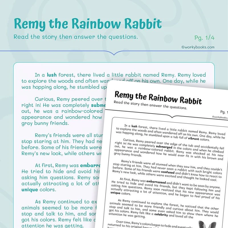Short Story — Remy the Rainbow Rabbit — ela worksheet for Grade 4, Grade 5, page 1 of 3
