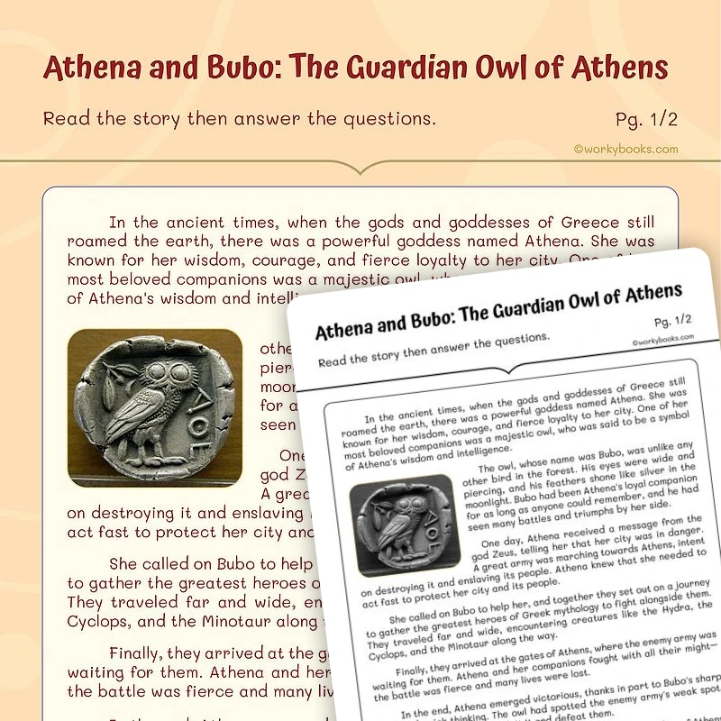 Athena and Bubo: The Guardian Owl of Athens — ela worksheet for Grade 4, Grade 5, page 1 of 3