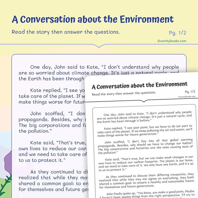 A Conversation on the Environment — ela worksheet for Grade 4, Grade 5, page 1 of 3
