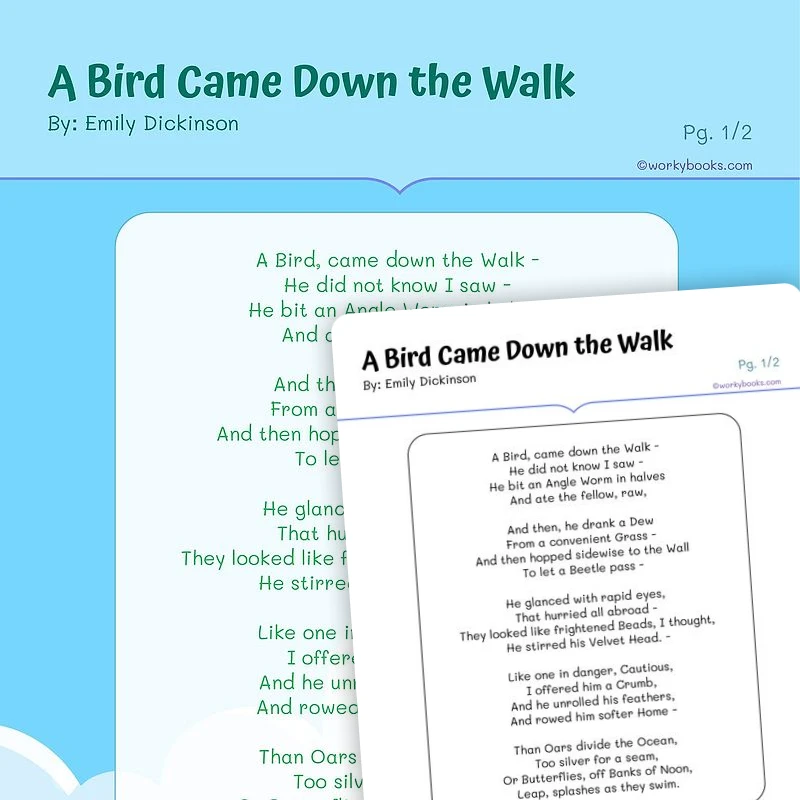 A Bird Came Down the Walk: Emily Dickinson — ela worksheet for Grade 4, Grade 5, page 1 of 3