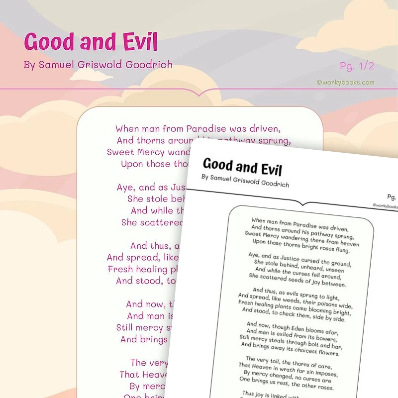 Poem Good and Evil By: Samuel Griswold Goodrich — ela worksheet for Grade 4, Grade 5, page 1 of 3